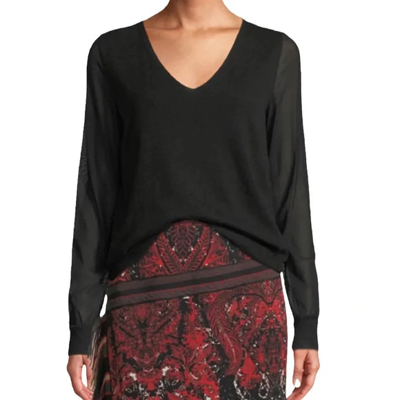 Fuzzi by Jean Paul Gaultier Sweater Sheer Sleeve V Neck Top Black Size XS NWT - Picture 1 of 10